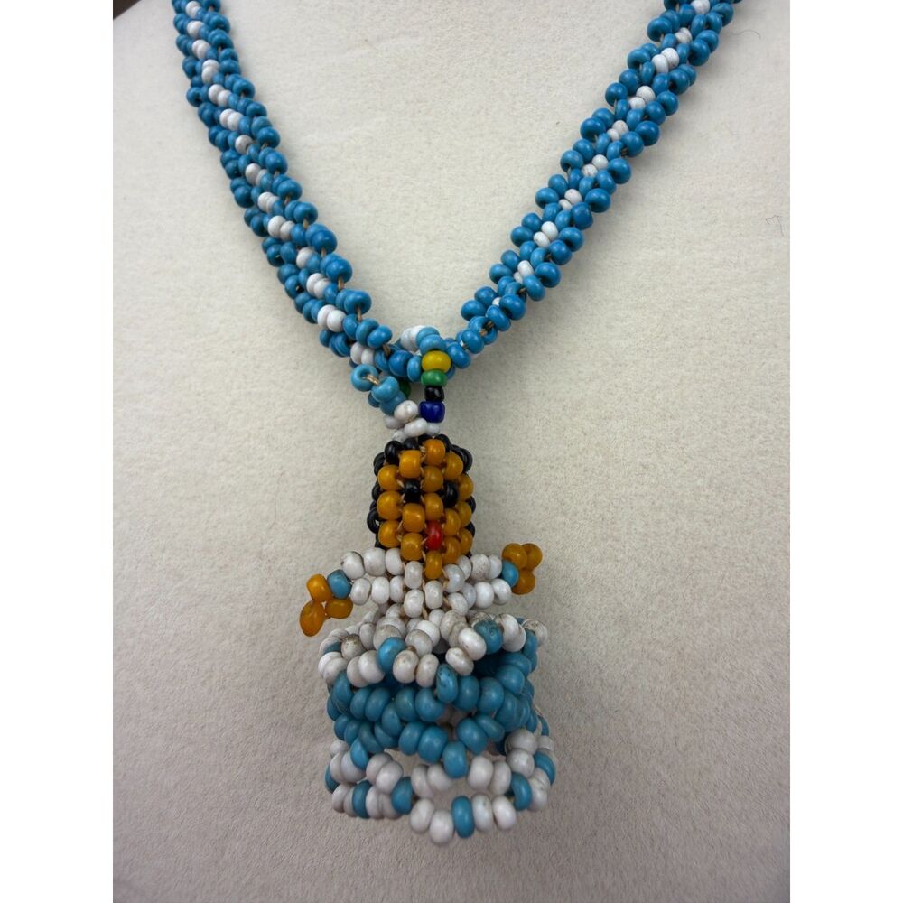 Vintage 1970s Mexican Folk Art Hand-Beaded Doll Pendant Necklace